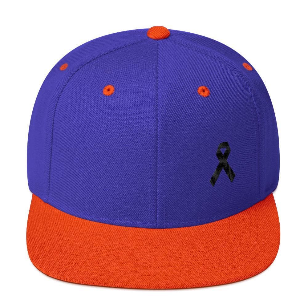 
            
                Load image into Gallery viewer, Melanoma and Skin Cancer Awareness Flat Brim Snapback Hat with Black Ribbon - One-size / Royal/ Orange - Hats
            
        