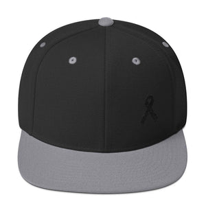 Melanoma and Skin Cancer Awareness Flat Brim Snapback Hat with Black Ribbon - One-size / Black/ Silver - Hats