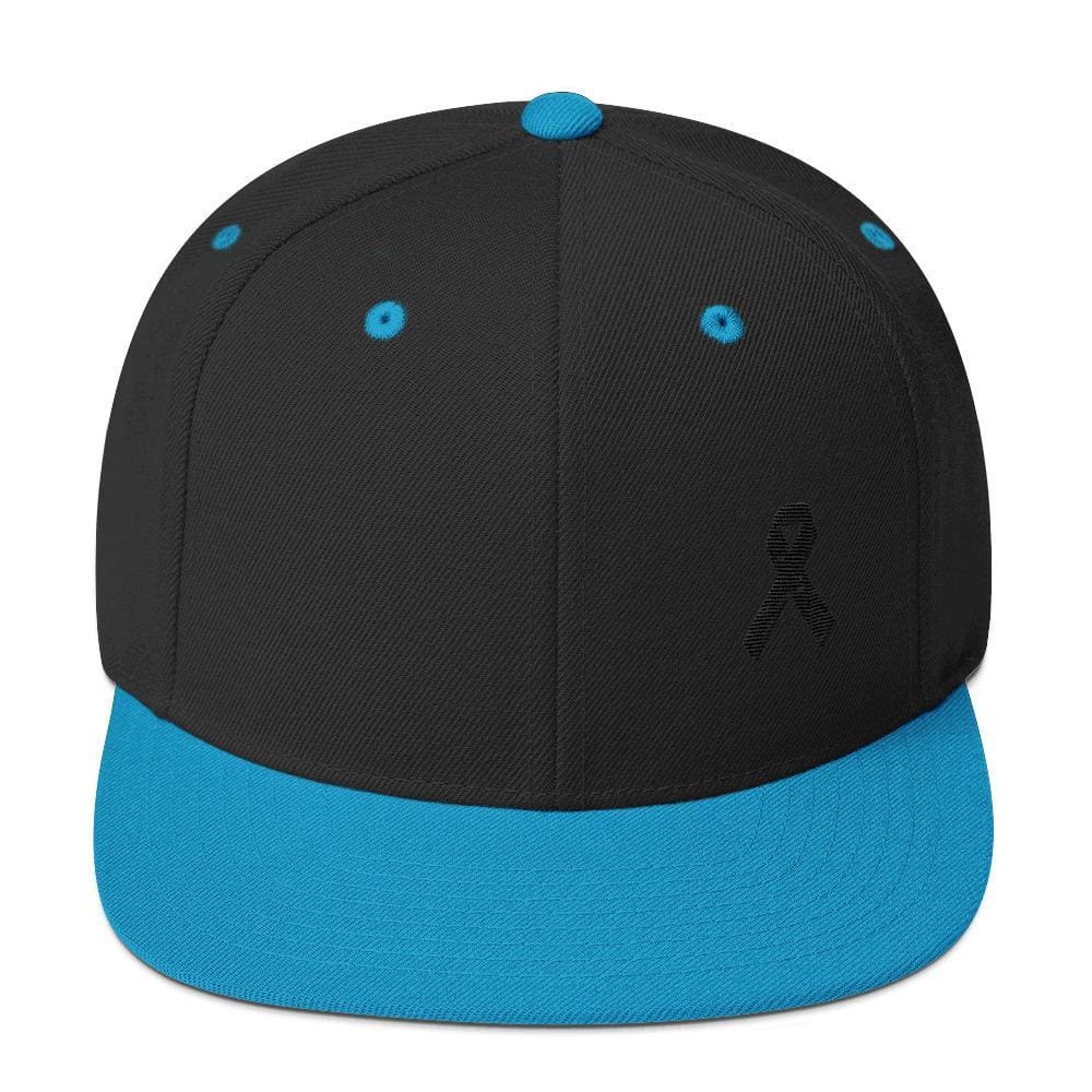 Melanoma and Skin Cancer Awareness Flat Brim Snapback Hat with Black Ribbon - One-size / Black/ Teal - Hats