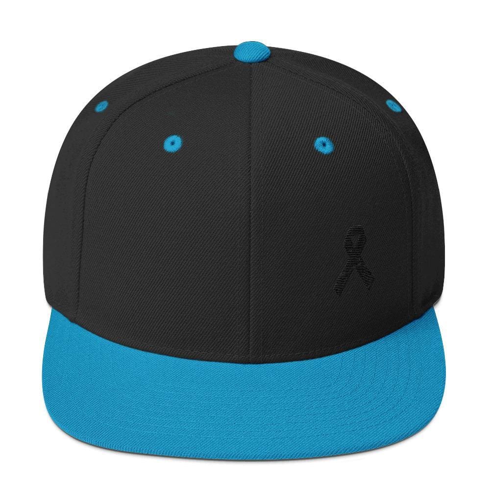 Melanoma and Skin Cancer Awareness Flat Brim Snapback Hat with Black Ribbon - One-size / Black/ Teal - Hats