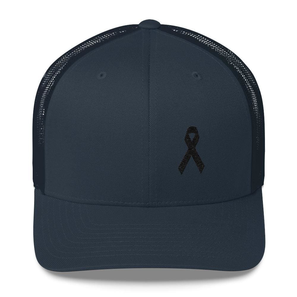 Melanoma & Skin Cancer Awareness Snapback Trucker Hat with Black Ribbon - One-size / Navy - Hats