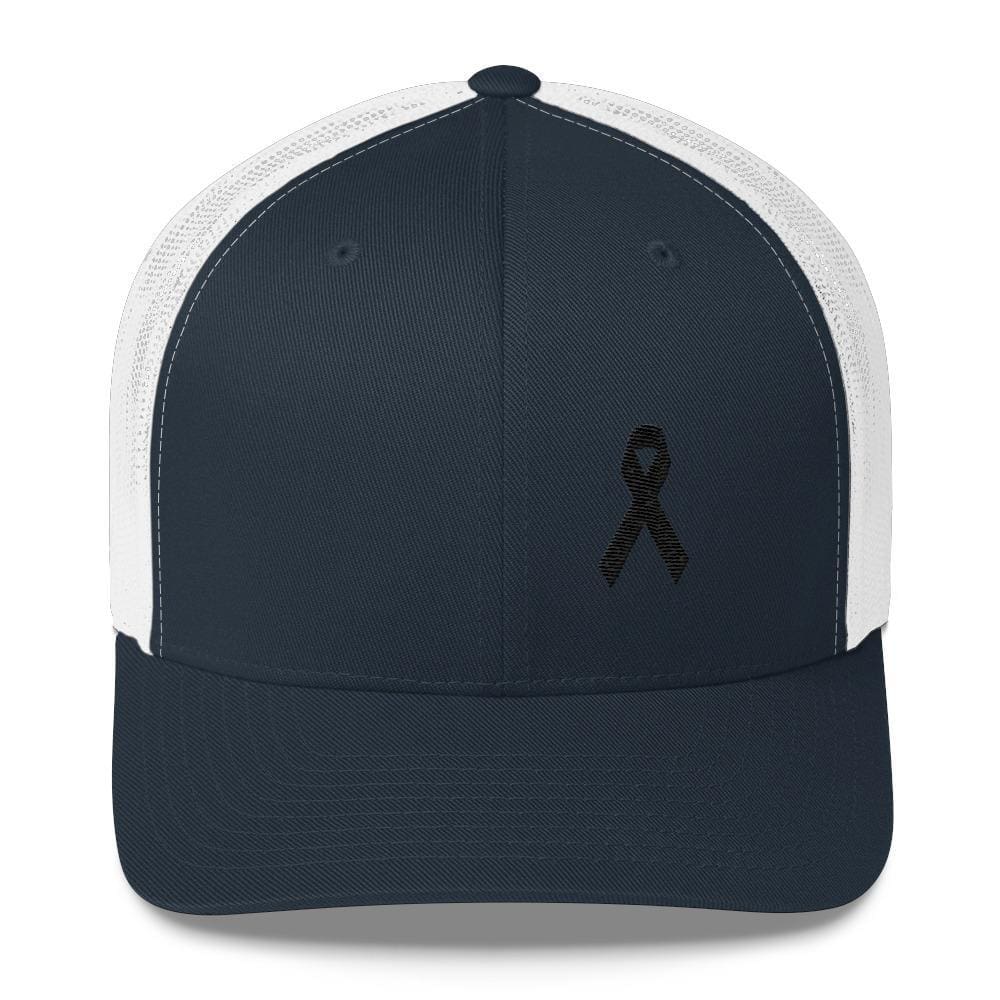 Melanoma & Skin Cancer Awareness Snapback Trucker Hat with Black Ribbon - One-size / Navy/ White - Hats