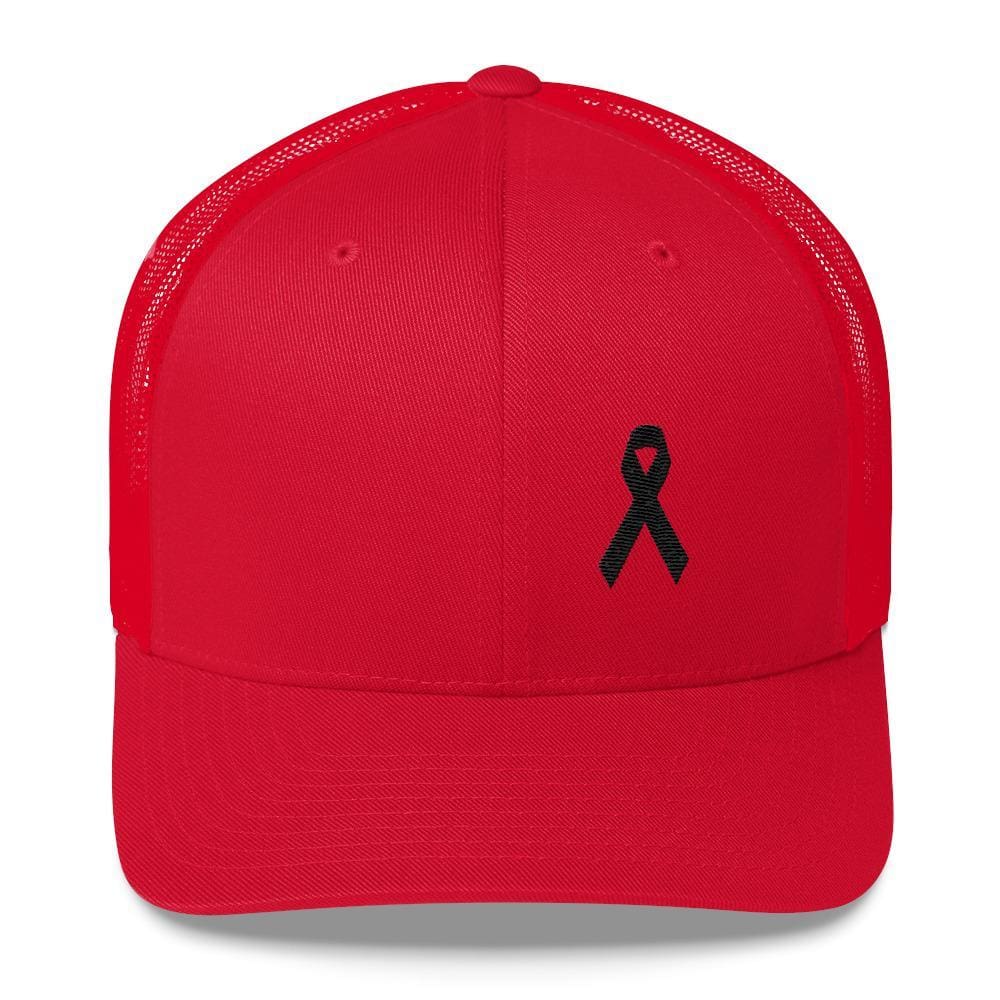 
            
                Load image into Gallery viewer, Melanoma &amp;amp; Skin Cancer Awareness Snapback Trucker Hat with Black Ribbon - One-size / Red - Hats
            
        