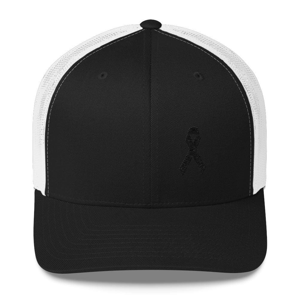 
            
                Load image into Gallery viewer, Melanoma &amp;amp; Skin Cancer Awareness Snapback Trucker Hat with Black Ribbon - One-size / Black/ White - Hats
            
        