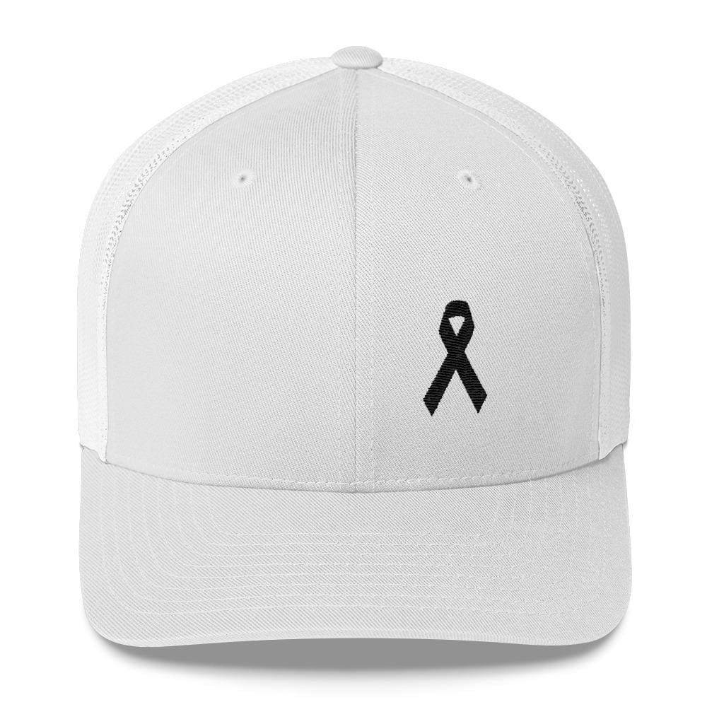 
            
                Load image into Gallery viewer, Melanoma &amp;amp; Skin Cancer Awareness Snapback Trucker Hat with Black Ribbon - One-size / White - Hats
            
        