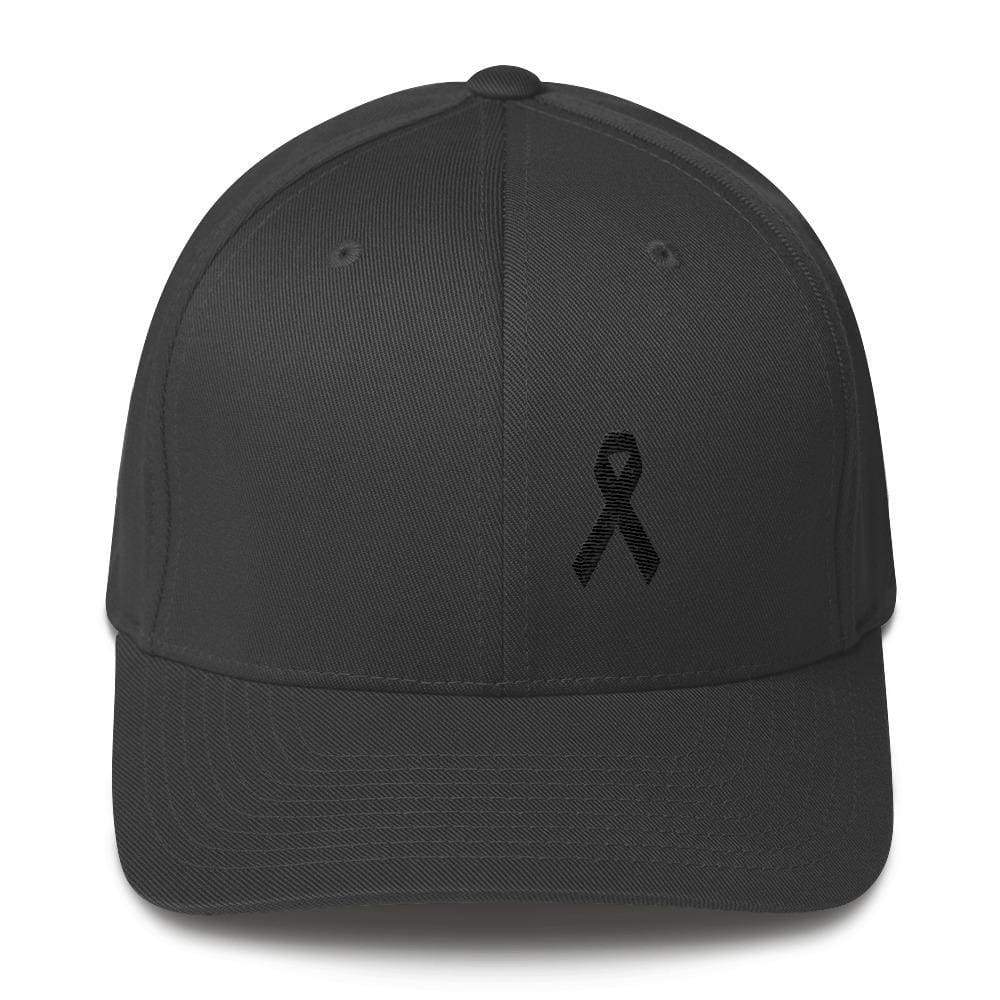Melanoma & Skin Cancer Awareness Twill Flexfit Fitted Hat With Black Ribbon - S/m / Dark Grey - Hats