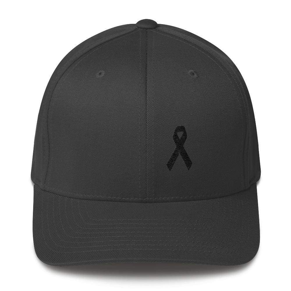 
            
                Load image into Gallery viewer, Melanoma &amp;amp; Skin Cancer Awareness Twill Flexfit Fitted Hat With Black Ribbon - S/m / Dark Grey - Hats
            
        
