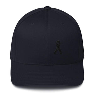 Melanoma & Skin Cancer Awareness Twill Flexfit Fitted Hat With Black Ribbon - S/m / Dark Navy - Hats