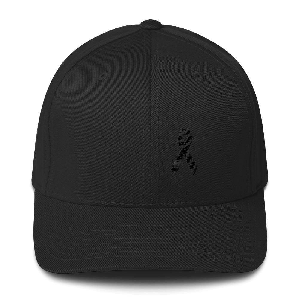 Melanoma & Skin Cancer Awareness Twill Flexfit Fitted Hat With Black Ribbon - S/m / Black - Hats