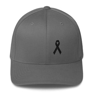 Melanoma & Skin Cancer Awareness Twill Flexfit Fitted Hat With Black Ribbon - S/m / Grey - Hats