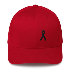 Melanoma & Skin Cancer Awareness Twill Flexfit Fitted Hat With Black Ribbon - S/m / Red - Hats