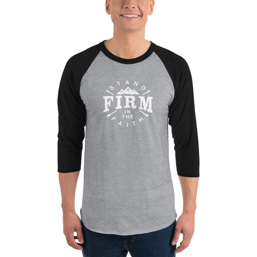 
            
                Load image into Gallery viewer, Mens Stand Firm in the Faith 3/4 Sleeve Raglan T-Shirt - 2XL / Heather Grey/Black - T-Shirts
            
        