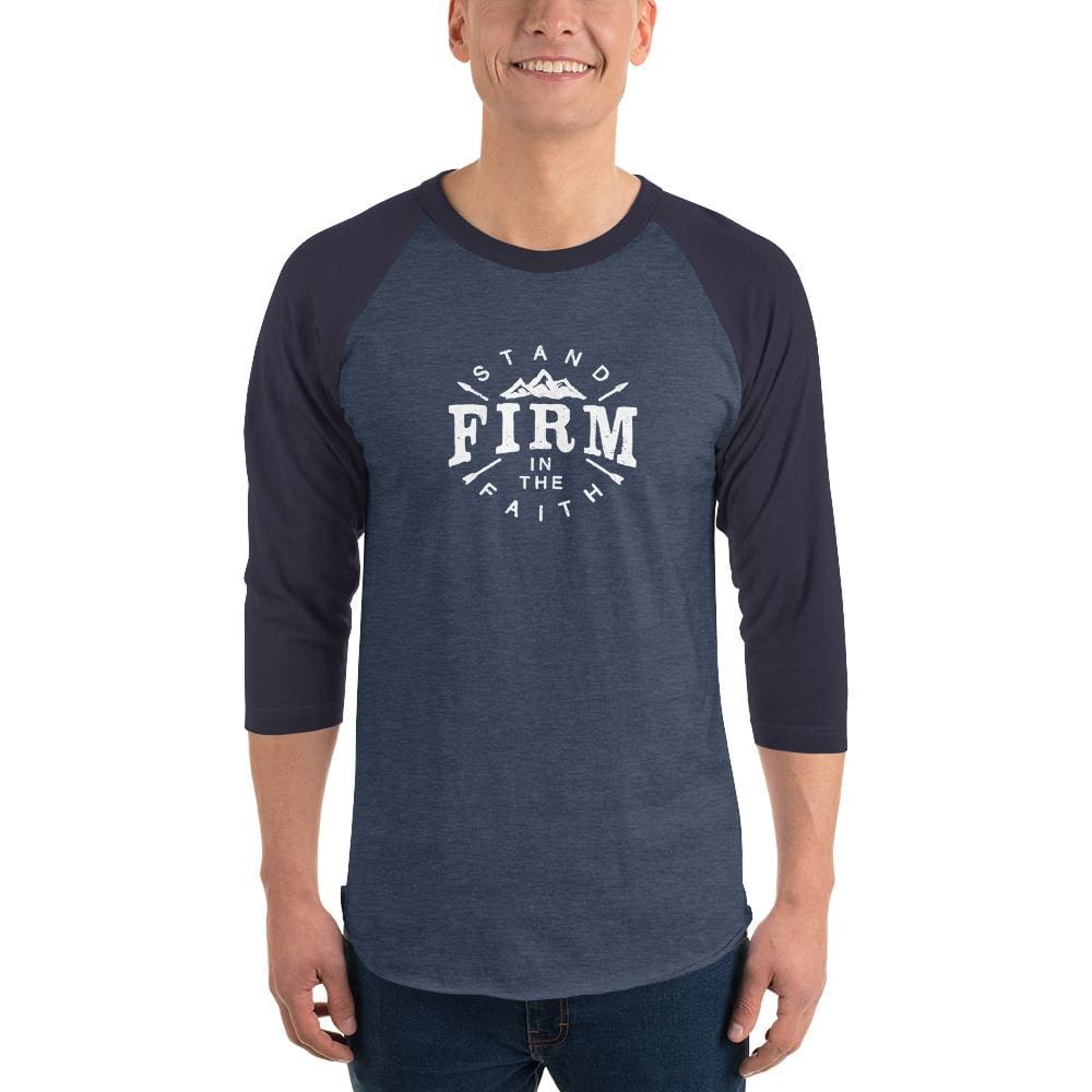 
            
                Load image into Gallery viewer, Mens Stand Firm in the Faith 3/4 Sleeve Raglan T-Shirt - XS / Heather Denim/Navy - T-Shirts
            
        