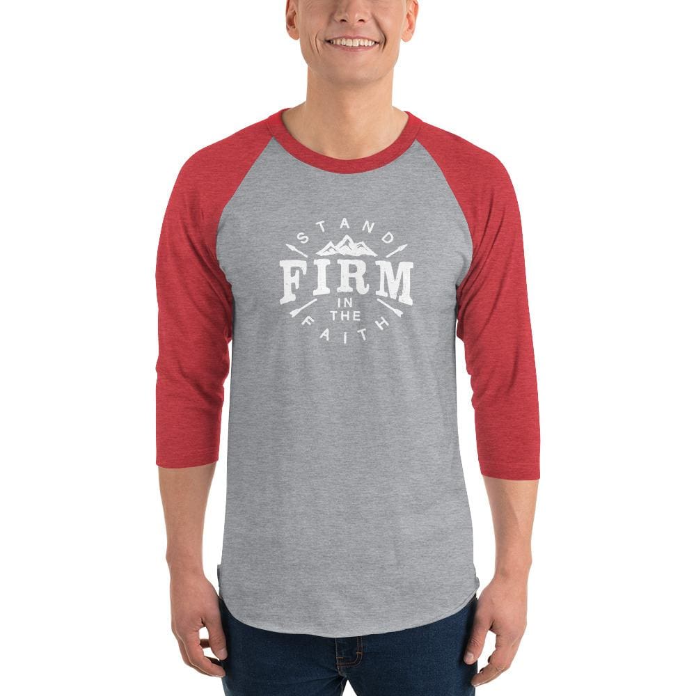Mens Stand Firm in the Faith 3/4 Sleeve Raglan T-Shirt - XS / Heather Grey/Heather Red - T-Shirts