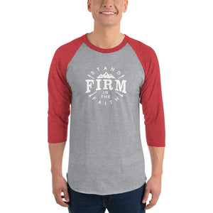 Mens Stand Firm in the Faith 3/4 Sleeve Raglan T-Shirt - XS / Heather Grey/Heather Red - T-Shirts