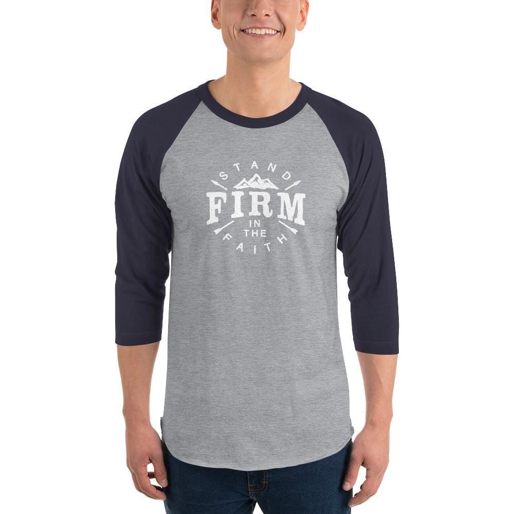 
            
                Load image into Gallery viewer, Mens Stand Firm in the Faith 3/4 Sleeve Raglan T-Shirt - XS / Heather Grey/Navy - T-Shirts
            
        