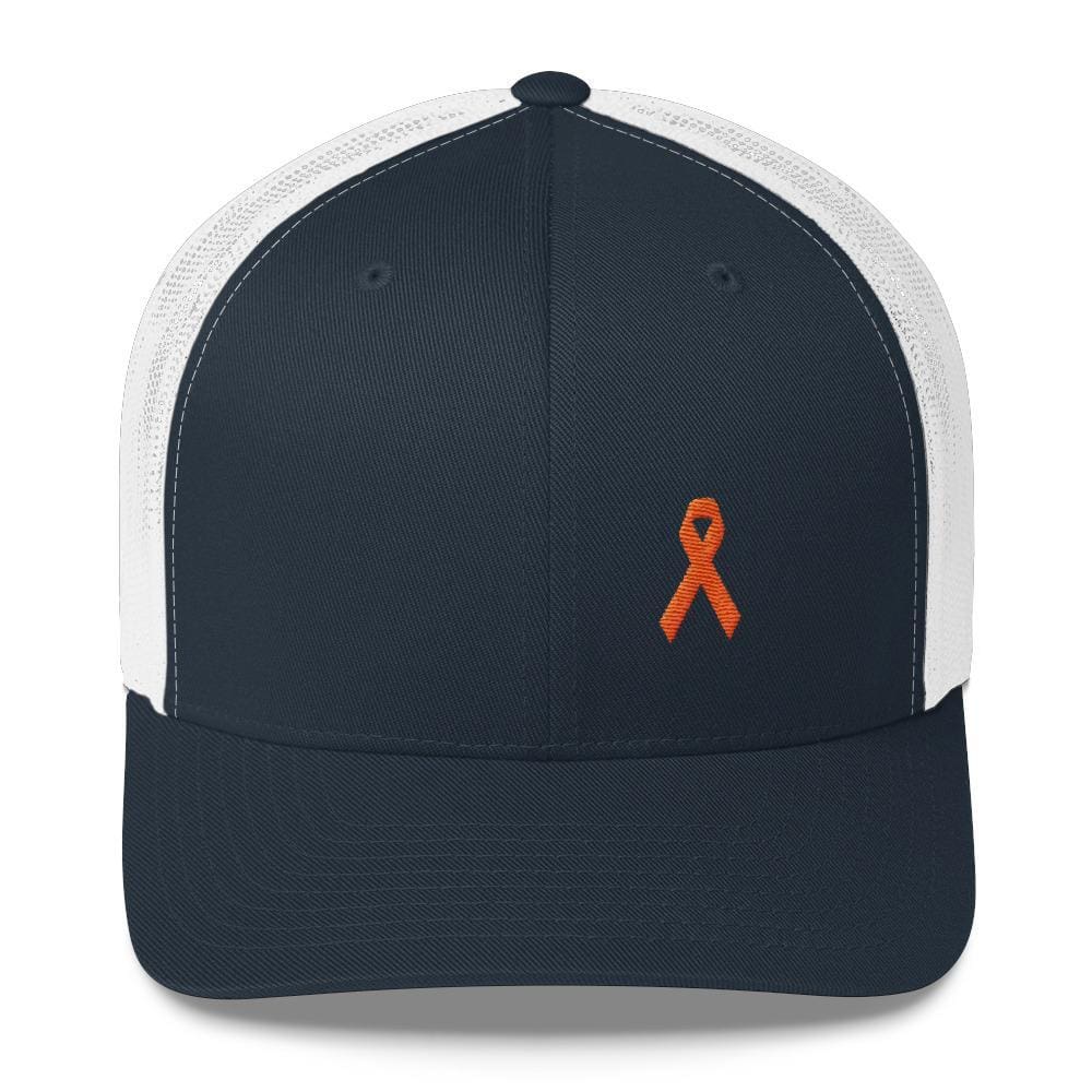 
            
                Load image into Gallery viewer, MS Awareness Orange Ribbon Snapback Trucker Hat - One-size / Navy/ White - Hats
            
        