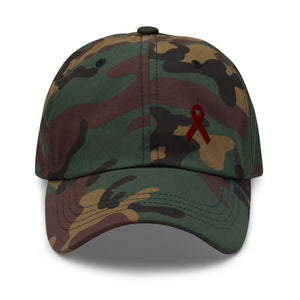 
            
                Load image into Gallery viewer, Multiple Myeloma Awareness Dad Hat with Burgundy Ribbon - Green Camo
            
        