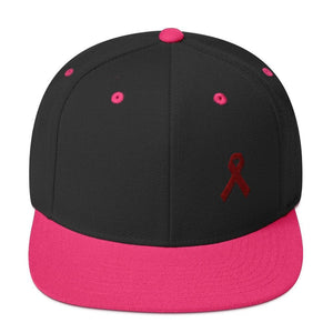 Multiple Myeloma Awareness Flat Brim Snapback Hat with Burgundy Ribbon - One-size / Black/ Neon Pink - Hats
