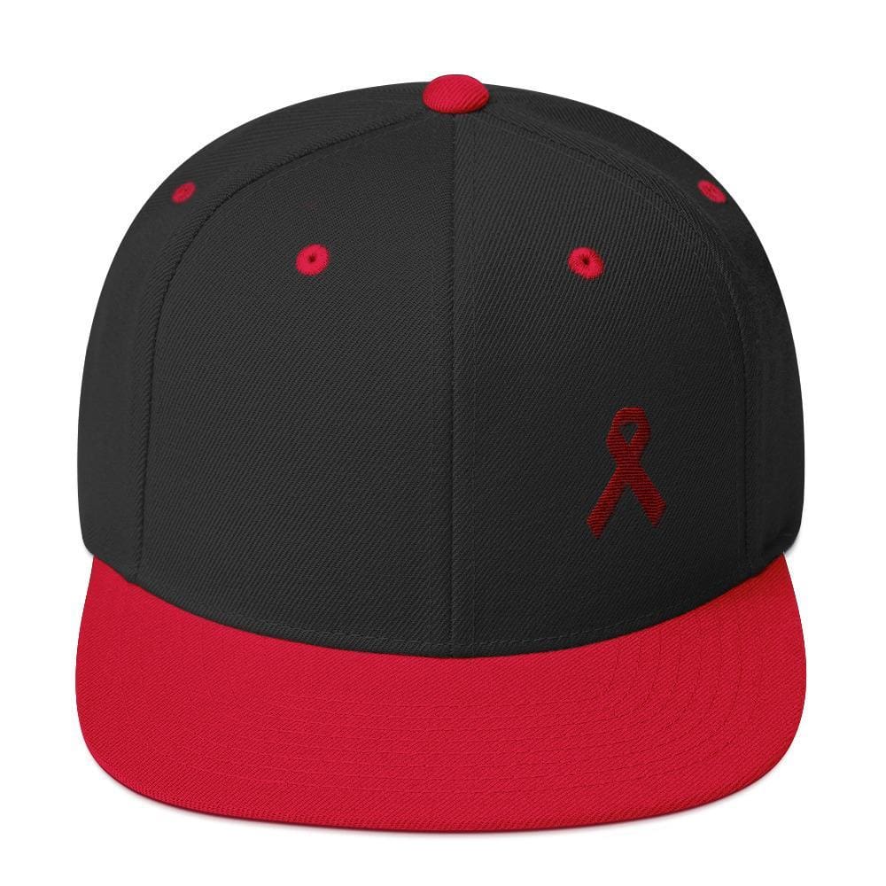 Multiple Myeloma Awareness Flat Brim Snapback Hat with Burgundy Ribbon - One-size / Black/ Red - Hats