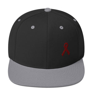 Multiple Myeloma Awareness Flat Brim Snapback Hat with Burgundy Ribbon - One-size / Black/ Silver - Hats