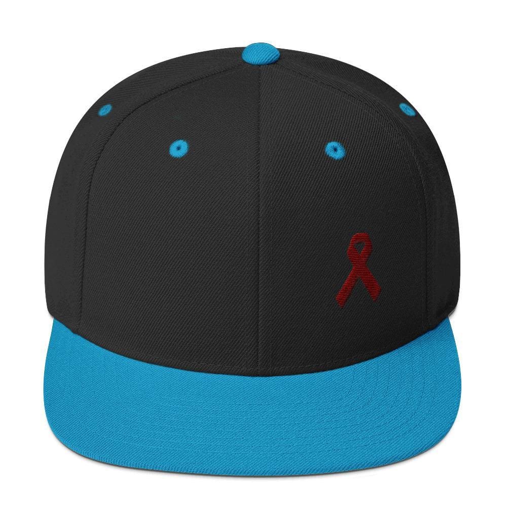 Multiple Myeloma Awareness Flat Brim Snapback Hat with Burgundy Ribbon - One-size / Black/ Teal - Hats