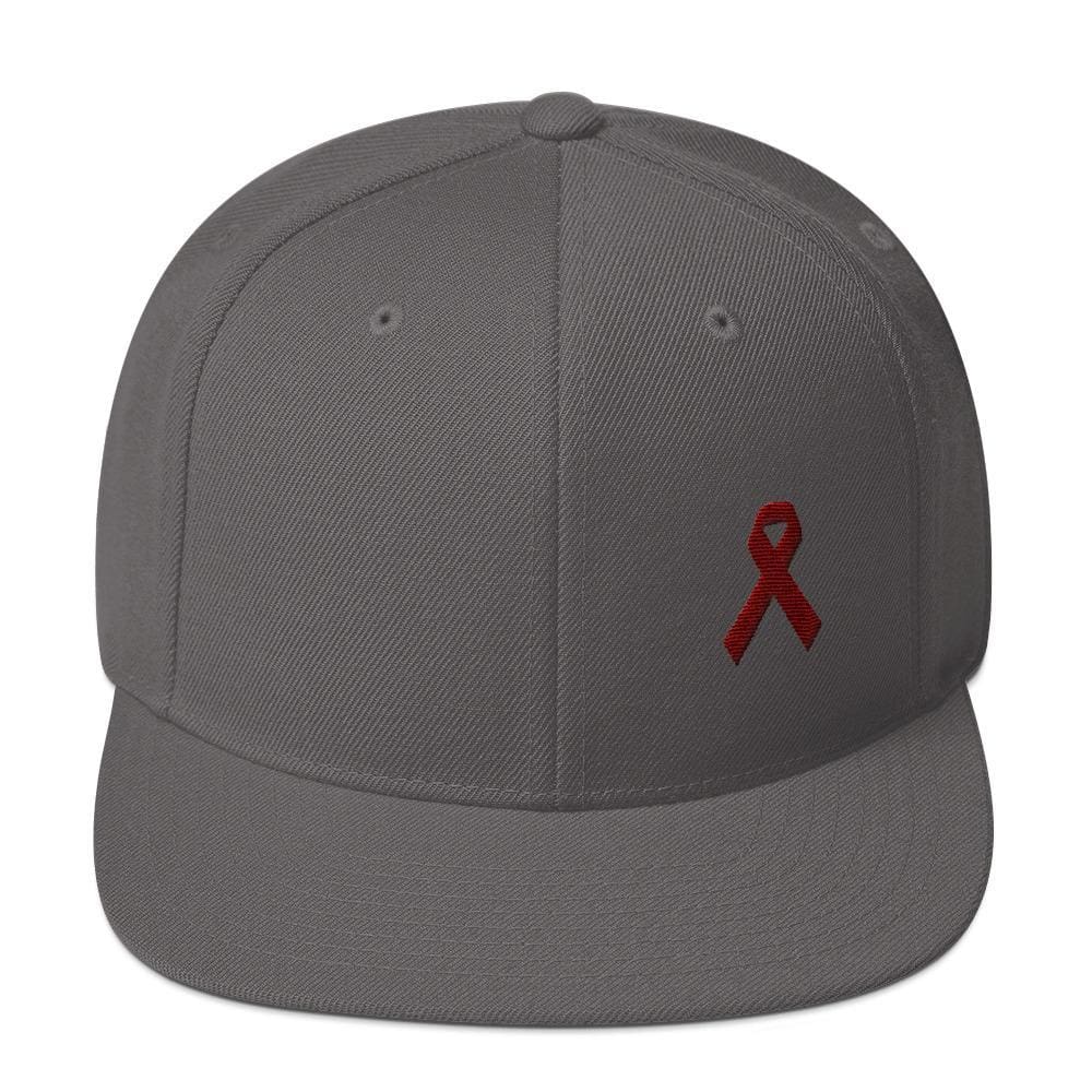 Multiple Myeloma Awareness Flat Brim Snapback Hat with Burgundy Ribbon - One-size / Dark Grey - Hats