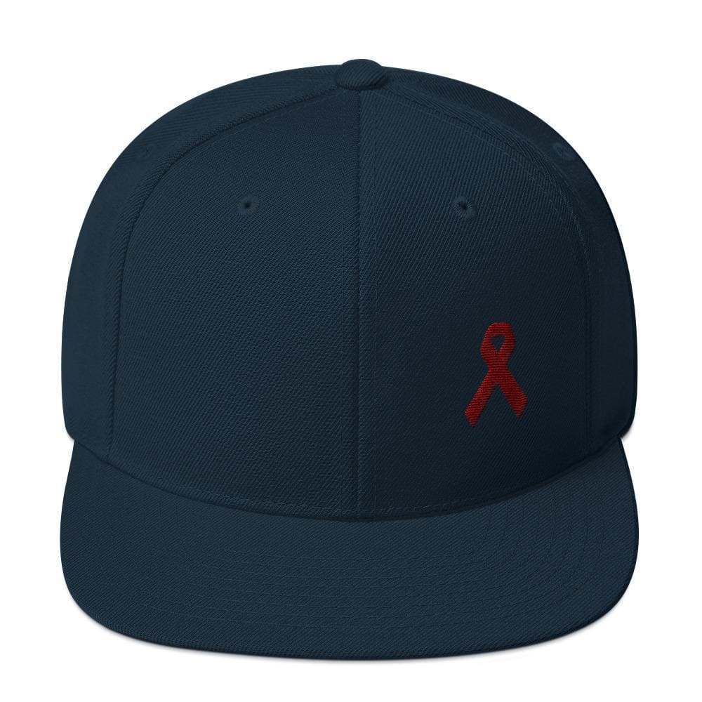 Multiple Myeloma Awareness Flat Brim Snapback Hat with Burgundy Ribbon - One-size / Dark Navy - Hats