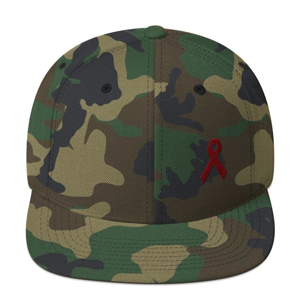 Multiple Myeloma Awareness Flat Brim Snapback Hat with Burgundy Ribbon - One-size / Green Camo - Hats