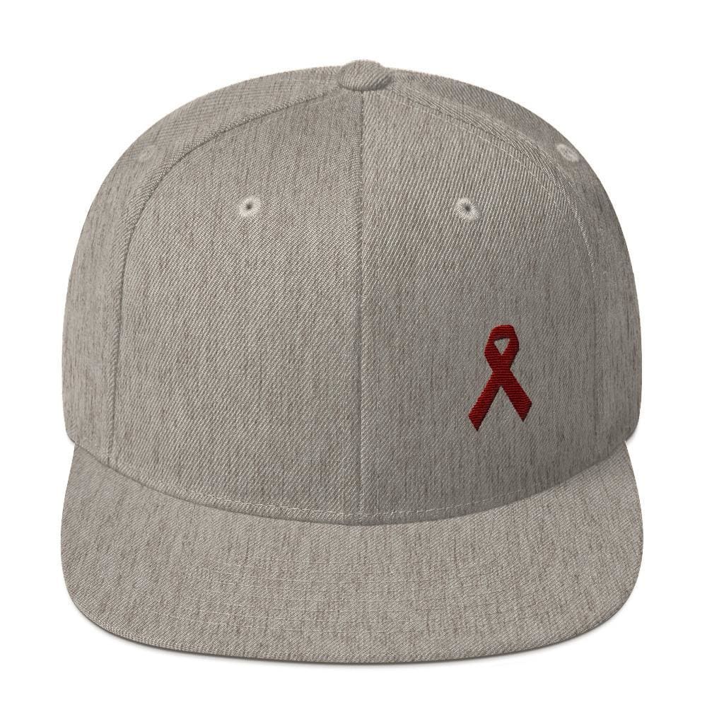Multiple Myeloma Awareness Flat Brim Snapback Hat with Burgundy Ribbon - One-size / Heather Grey - Hats
