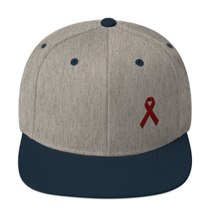 Multiple Myeloma Awareness Flat Brim Snapback Hat with Burgundy Ribbon - One-size / Heather Grey/ Navy - Hats
