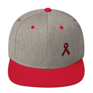 Multiple Myeloma Awareness Flat Brim Snapback Hat with Burgundy Ribbon - One-size / Heather Grey/ Red - Hats