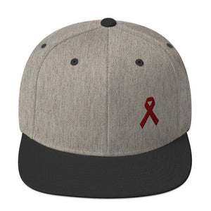 
            
                Load image into Gallery viewer, Multiple Myeloma Awareness Flat Brim Snapback Hat with Burgundy Ribbon - One-size / Heather/Black - Hats
            
        