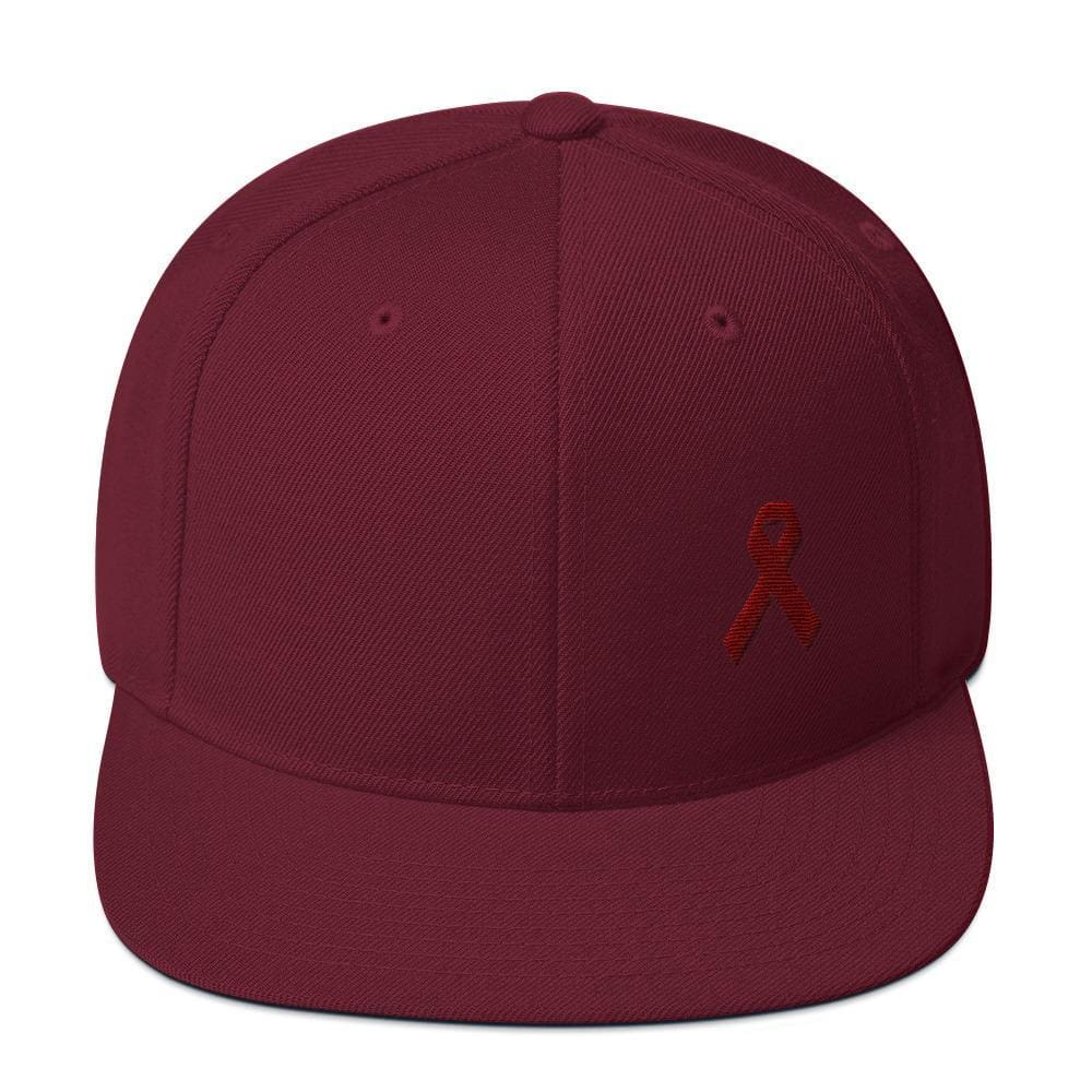 Multiple Myeloma Awareness Flat Brim Snapback Hat with Burgundy Ribbon - One-size / Maroon - Hats