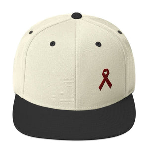 Multiple Myeloma Awareness Flat Brim Snapback Hat with Burgundy Ribbon - One-size / Natural/ Black - Hats
