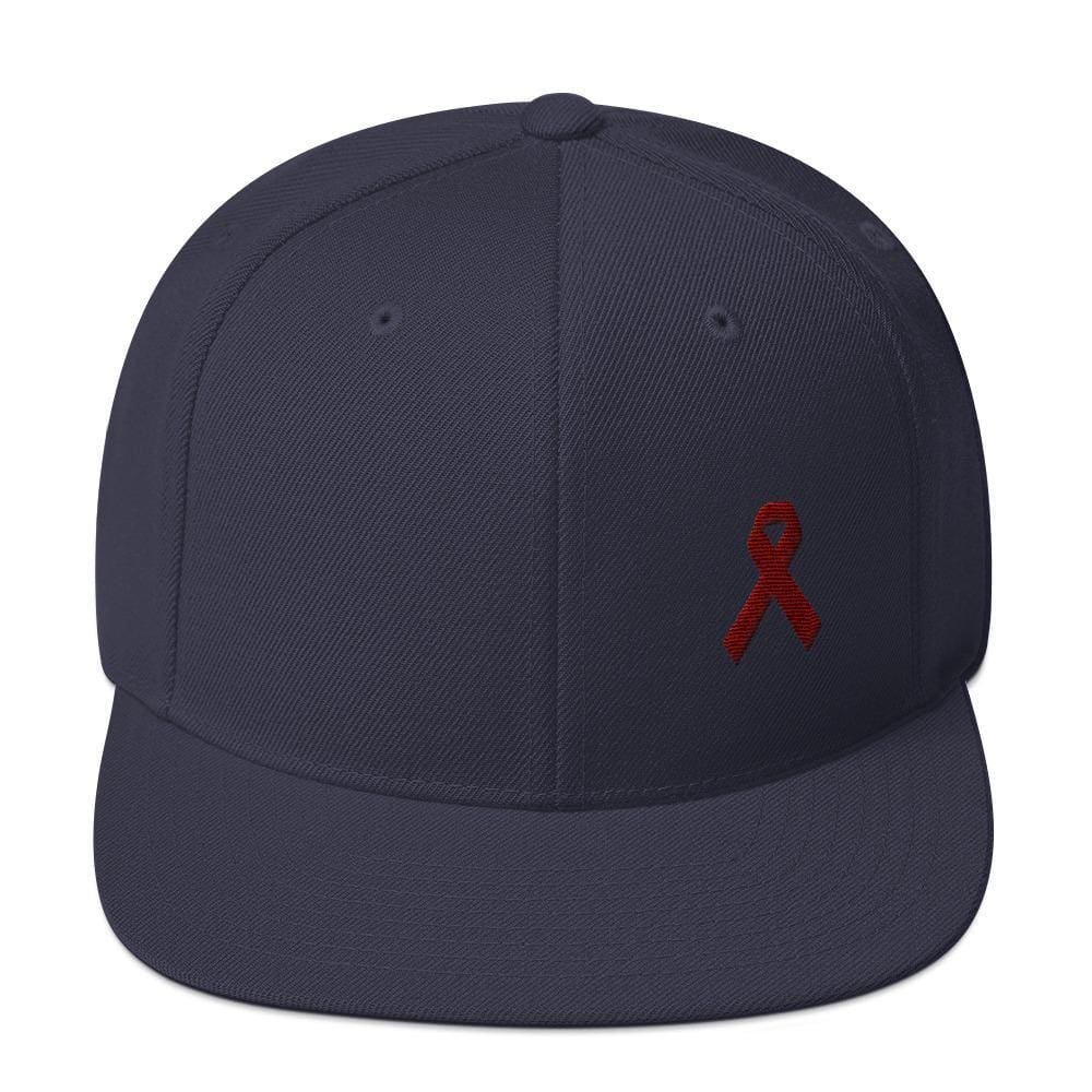 Multiple Myeloma Awareness Flat Brim Snapback Hat with Burgundy Ribbon - One-size / Navy - Hats