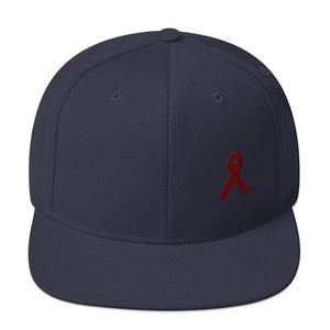 Multiple Myeloma Awareness Flat Brim Snapback Hat with Burgundy Ribbon - One-size / Navy - Hats