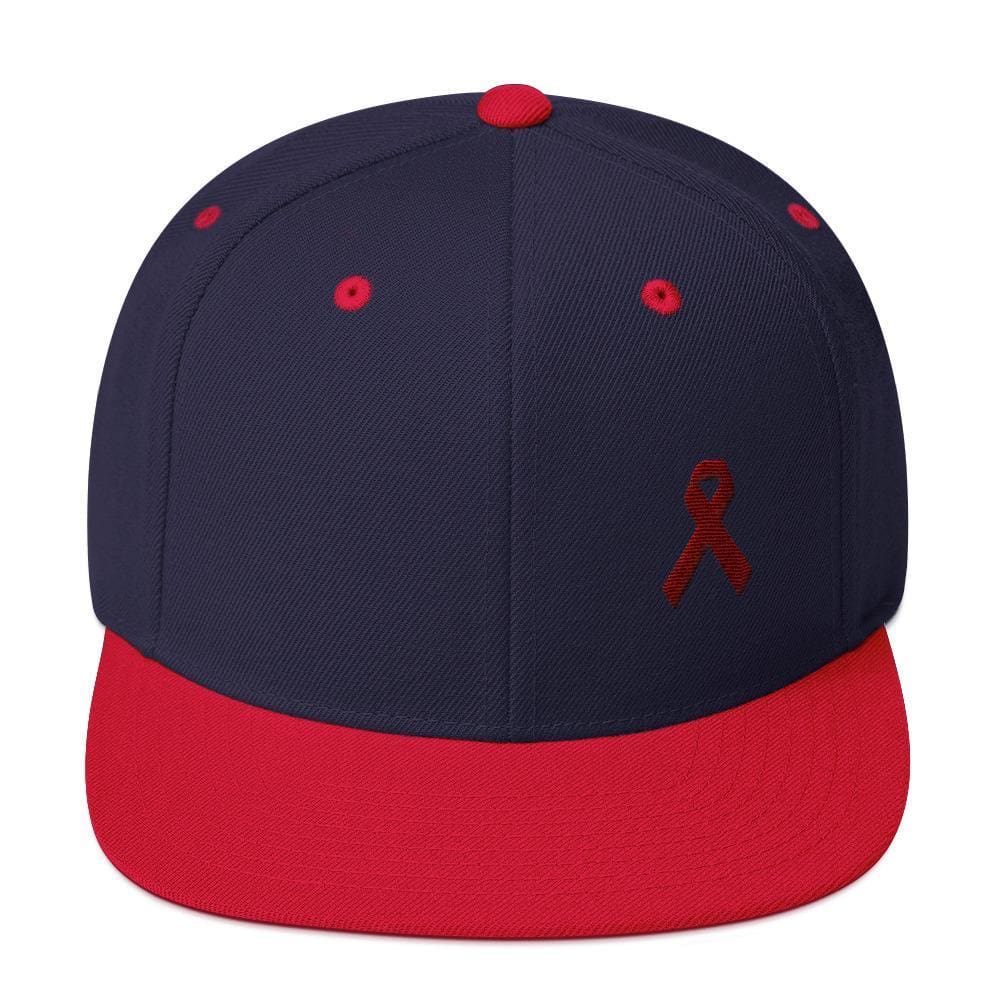 
            
                Load image into Gallery viewer, Multiple Myeloma Awareness Flat Brim Snapback Hat with Burgundy Ribbon - One-size / Navy/ Red - Hats
            
        