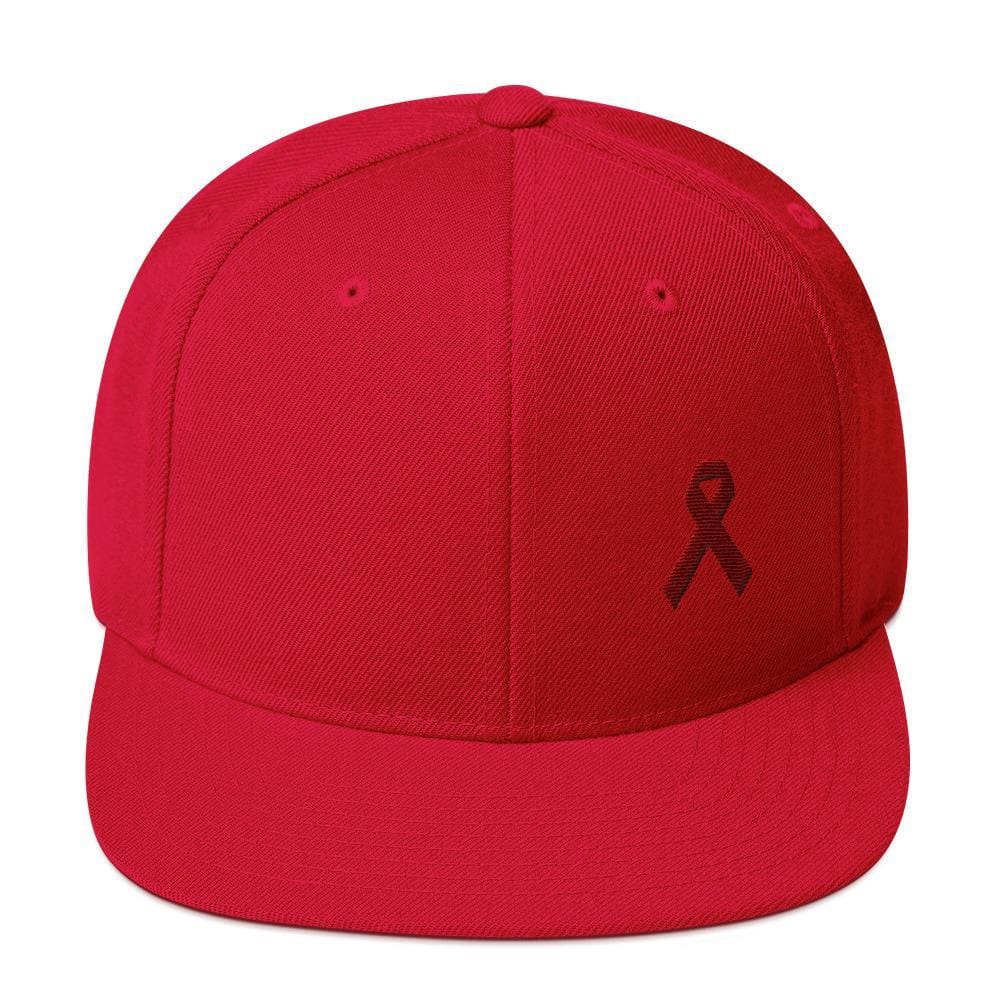 Multiple Myeloma Awareness Flat Brim Snapback Hat with Burgundy Ribbon - One-size / Red - Hats