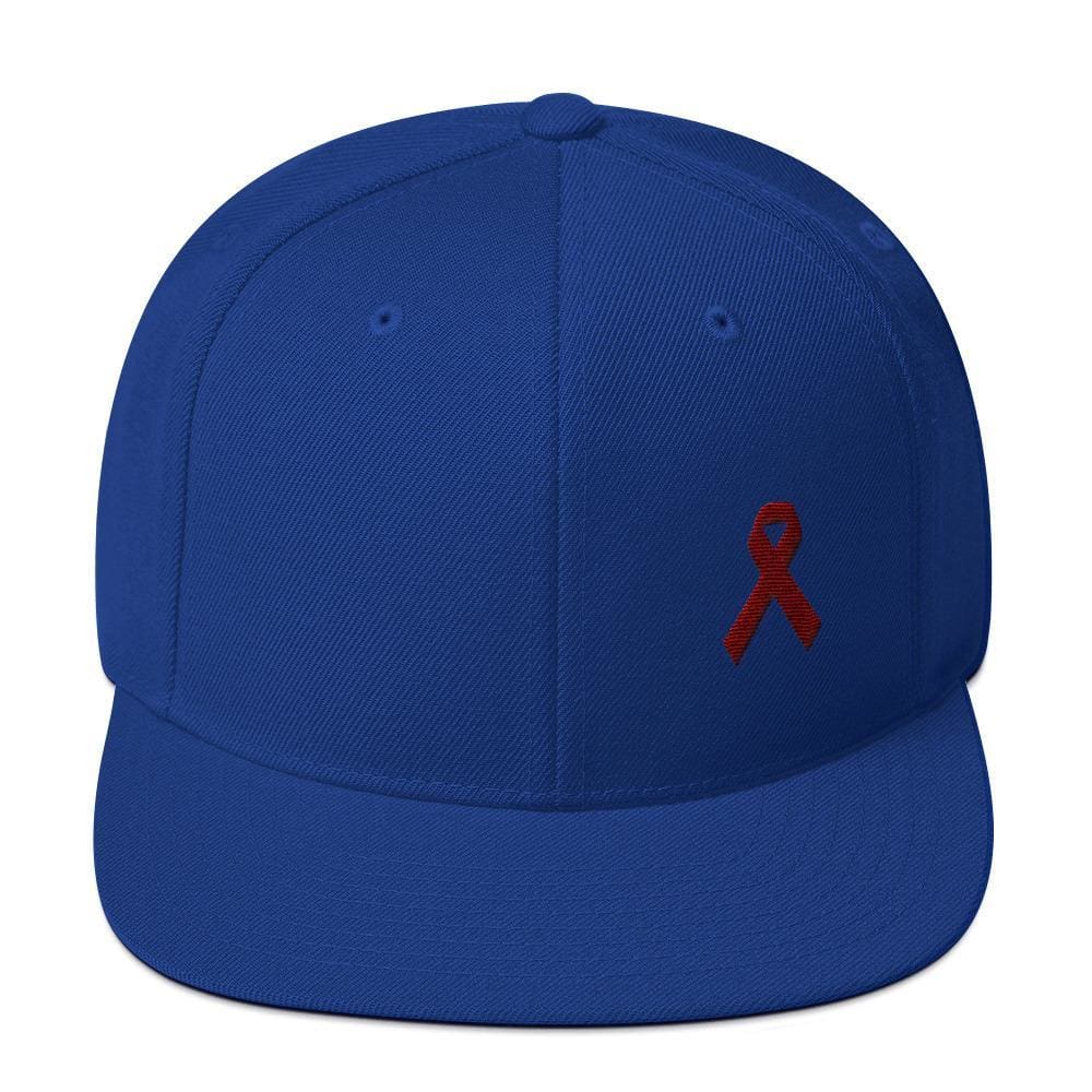 Multiple Myeloma Awareness Flat Brim Snapback Hat with Burgundy Ribbon - One-size / Royal Blue - Hats