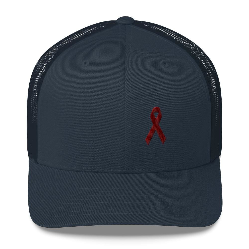 Multiple Myeloma Awareness Hat - Burgundy Ribbon - One-size / Navy - Hats