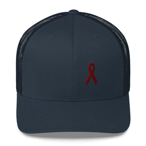 Multiple Myeloma Awareness Hat - Burgundy Ribbon - One-size / Navy - Hats