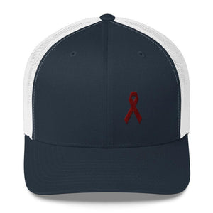 Multiple Myeloma Awareness Hat - Burgundy Ribbon - One-size / Navy/ White - Hats