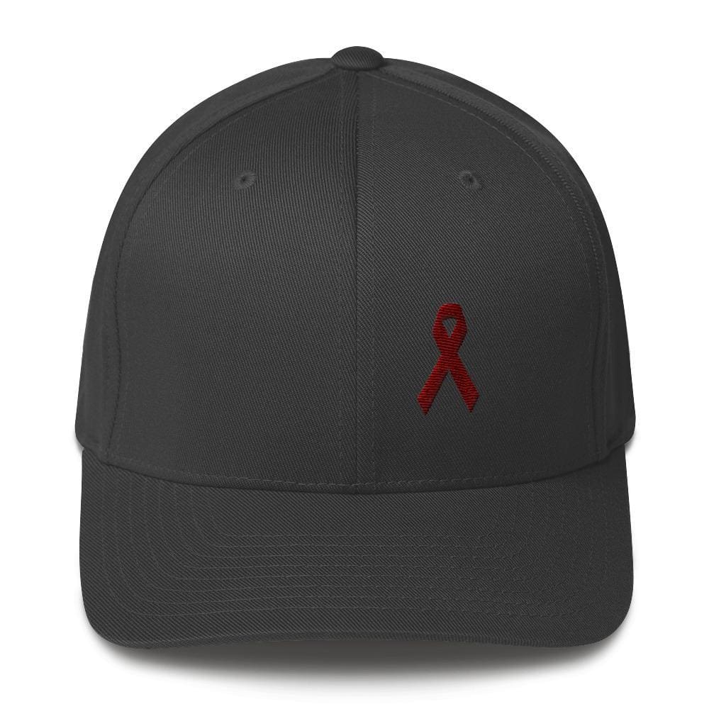 Multiple Myeloma Awareness Twill Flexfit Fitted Hat with Burgundy Ribbon - S/M / Dark Grey - Hats