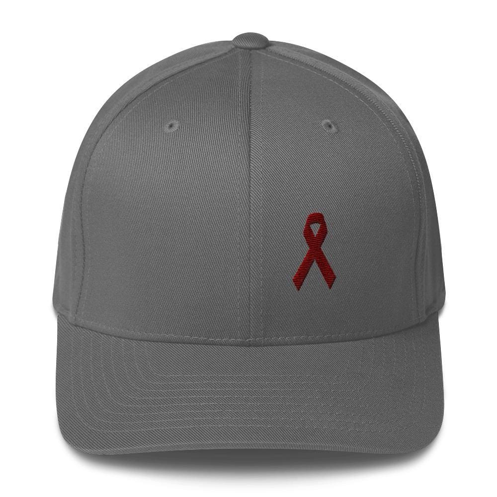 Multiple Myeloma Awareness Twill Flexfit Fitted Hat with Burgundy Ribbon