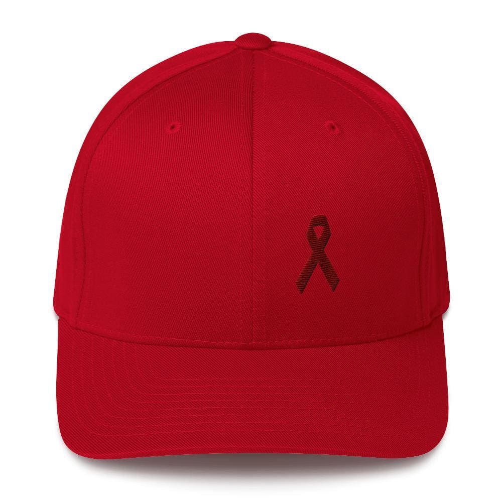
            
                Load image into Gallery viewer, Multiple Myeloma Awareness Twill Flexfit Fitted Hat with Burgundy Ribbon - S/M / Red - Hats
            
        