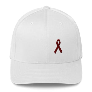 Multiple Myeloma Awareness Twill Flexfit Fitted Hat with Burgundy Ribbon - S/M / White - Hats