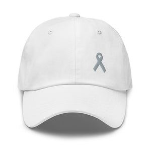 Parkinson’s Awareness & Brain Tumor Awareness Dad Hat with Grey Ribbon - White