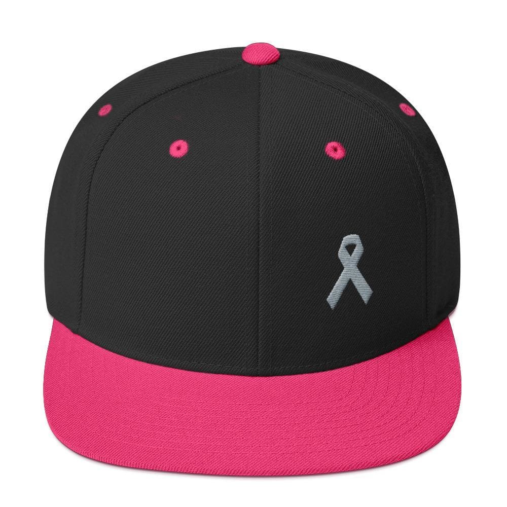 Parkinsons Awareness & Brain Tumor Awareness Flat Brim Snapback Hat with Grey Ribbon - One-size / Black/ Neon Pink - Hats