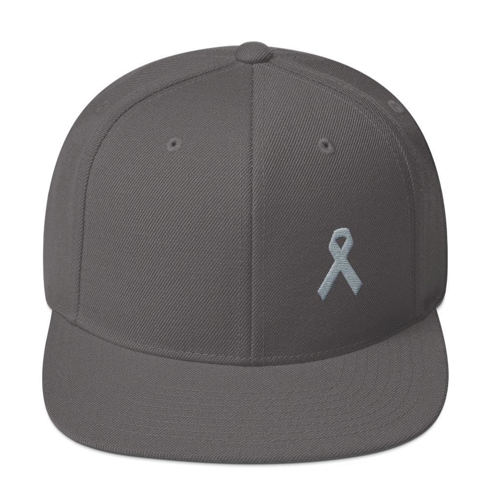 
            
                Load image into Gallery viewer, Parkinsons Awareness &amp;amp; Brain Tumor Awareness Flat Brim Snapback Hat with Grey Ribbon - One-size / Dark Grey - Hats
            
        